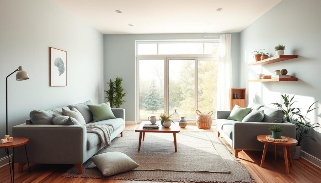 A cozy, well-lit living room with calming, stress-reducing colors in the home decor. The walls are painted in a soft, neutral tone of pale blue, complemented by plush, dove gray sofas and armchairs. Accent pillows in shades of sage green and lavender add pops of soothing color. A large, floor-to-ceiling window floods the space with warm, natural light, creating a serene and tranquil atmosphere. Wooden furniture, such as a minimalist coffee table and floating shelves, add natural textures. Potted plants and a woven rug in muted tones complete the calming, zen-like ambiance.