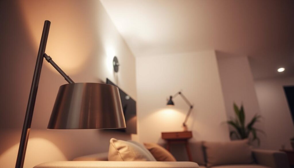 A cozy, well-lit small living space with minimalist, functional lighting solutions. In the foreground, a sleek, brushed metal floor lamp casts a warm, ambient glow. In the middle ground, a wall-mounted, adjustable task light illuminates a compact, mid-century modern side table. The background features a series of recessed ceiling lights, casting a soft, even light throughout the room. The overall mood is one of efficiency, comfort, and sophistication, perfectly suited for a small, urban dwelling.