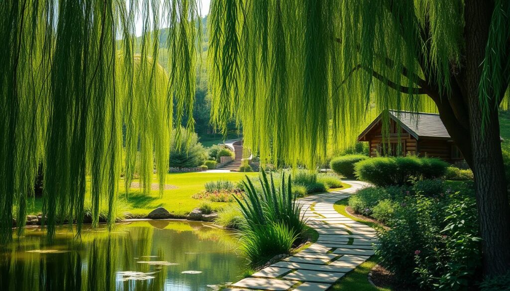 A serene, sun-dappled garden scene with lush, verdant foliage. In the foreground, a tranquil pond reflects the swaying branches of towering willow trees, their delicate leaves casting a gentle, calming pattern of light and shadow. The middle ground features a meandering stone pathway, flanked by vibrant flower beds in shades of emerald, jade, and forest green. In the background, a glimpse of a cozy, rustic cabin nestled amid a rolling hillside, surrounded by the verdant embrace of a thriving, therapeutic natural landscape. Soft, diffused natural lighting creates a soothing, contemplative atmosphere, inviting the viewer to experience the restorative power of nature's green hues.