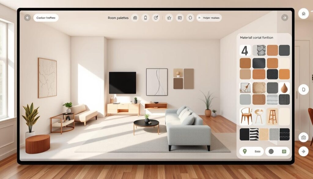A sleek, modern virtual room planning interface showcasing a variety of furniture and decor options. The foreground features a photorealistic 3D room layout with adjustable walls, floors, and lighting. In the middle ground, intuitive design tools allow users to seamlessly place, rotate, and resize furnishings. The background depicts a clean, minimalist UI with color palettes, material swatches, and room configuration presets. Warm, natural lighting casts soft shadows, creating a cozy and immersive experience. The overall scene conveys a sense of effortless spatial planning and personalization for a small living space.
