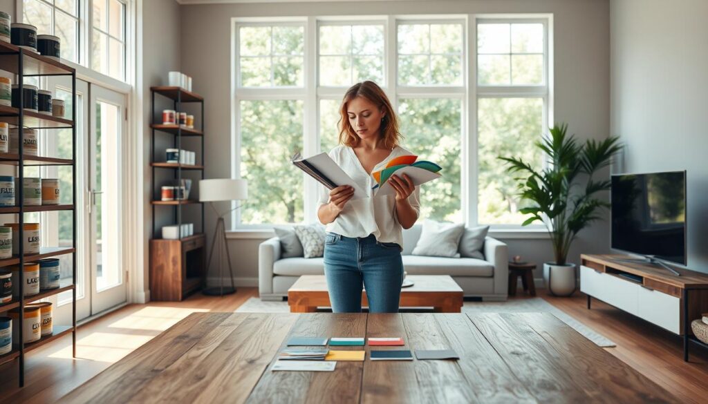 A stylish, contemporary living room with large windows flooding the space with natural light. A woman stands in the center, carefully examining color swatches as she contemplates the perfect hues to transform her home. Shelves along the walls display an array of paint cans in various shades, while a large, wooden table in the foreground holds more color samples. The woman's expression is thoughtful, her pose relaxed, as she considers how the colors will impact the ambiance and feel of the room. The scene conveys a sense of tranquility and the creative process of choosing the right colors to create a harmonious, inviting living environment.
