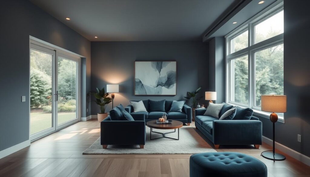 A tranquil living room with a large window overlooking a serene garden. The room is bathed in soft, diffused natural light, creating a calming and inviting atmosphere. The walls are painted in a soothing blue-gray hue, complemented by plush, velvet-upholstered furniture in shades of navy and teal. Tasteful, minimalist decor elements, such as a large, abstract art piece and a few carefully placed houseplants, add to the sense of serenity. The wooden floors are covered with a neutral, textured area rug, and the overall lighting is muted, with subtle ambient lighting from floor lamps and recessed ceiling fixtures. The room exudes a harmonious, serene ambiance, perfectly suited for relaxation and focus.