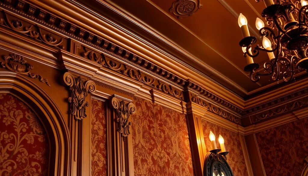 Detailed, intricate Victorian-style decorative moldings in a well-lit, high-contrast scene. Ornate, carved wood trim adorning the walls, with delicate floral patterns and embellishments. The moldings stand out against a backdrop of rich, textured wallpaper in a classic damask or brocade design. Warm, soft lighting from a chandelier or sconces casts a gentle glow, highlighting the depth and shadows of the architectural details. Shot from a slightly elevated angle to showcase the full height and grandeur of the moldings. An atmosphere of elegance, sophistication, and timeless craftsmanship.