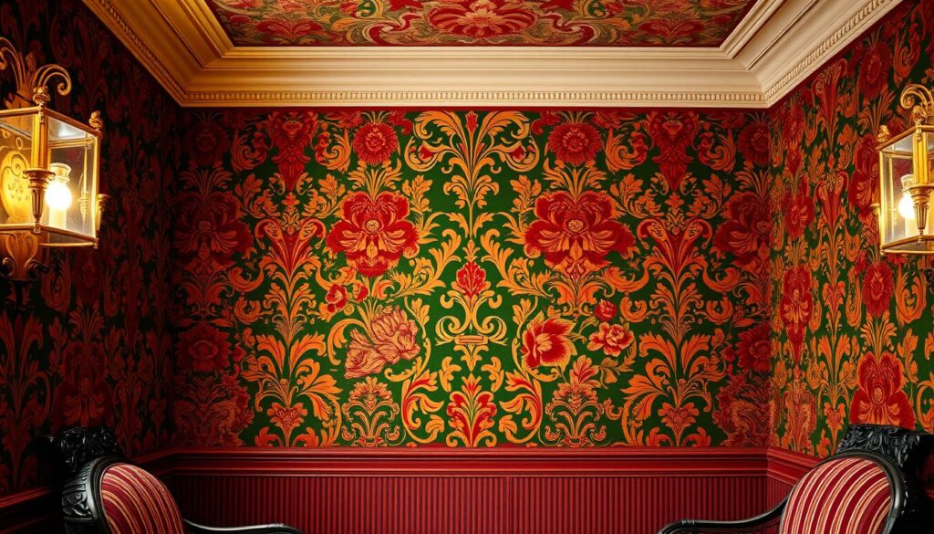 Ornate Victorian wallpaper patterns, rich in color and detail. Lush floral motifs, intricate damask designs, and bold striped textures adorning the walls. Elegant, high-contrast palettes featuring deep reds, emerald greens, and gilded accents. Warm, soft lighting from antique sconces casts a cozy, vintage ambiance. The wallpaper takes center stage, framed by ornate moldings and vintage furnishings. A timeless, luxurious scene that evokes the grandeur of 19th century interiors.