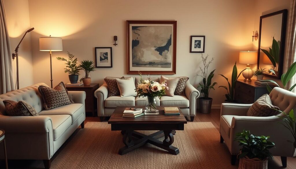 A cozy and inviting living room with a mix of modern and vintage decor elements. Warm lighting from a floor lamp and wall sconces create a soft, ambient glow. Plush, neutral-toned furniture, including a tufted sofa and two armchairs, are arranged around a rustic wooden coffee table. On the table, a vase of fresh flowers and a stack of books add personal touches. The walls are adorned with framed abstract art and a large mirror that reflects the space, creating the illusion of depth. Minimalist, natural-fiber area rug and potted plants complete the stylish yet budget-friendly scene.