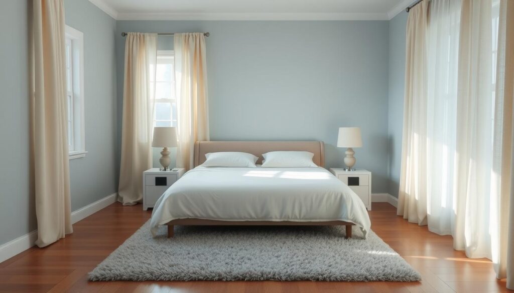 A cozy, well-lit bedroom with soft, muted tones that create a serene and tranquil atmosphere. The walls are painted in a soothing shade of light blue, complemented by cream-colored curtains that gently filter the natural sunlight. A plush, dove-gray area rug covers the hardwood floor, adding a touch of warmth and comfort. In the center of the room, a low-profile, minimalist bed is dressed in crisp, white linens, inviting the viewer to sink into its plush embrace. Subtle, ambient lighting emanates from a pair of bedside lamps with shades in a soft, muted beige. The overall aesthetic is one of understated elegance and calming simplicity, designed to promote relaxation and a sense of well-being.