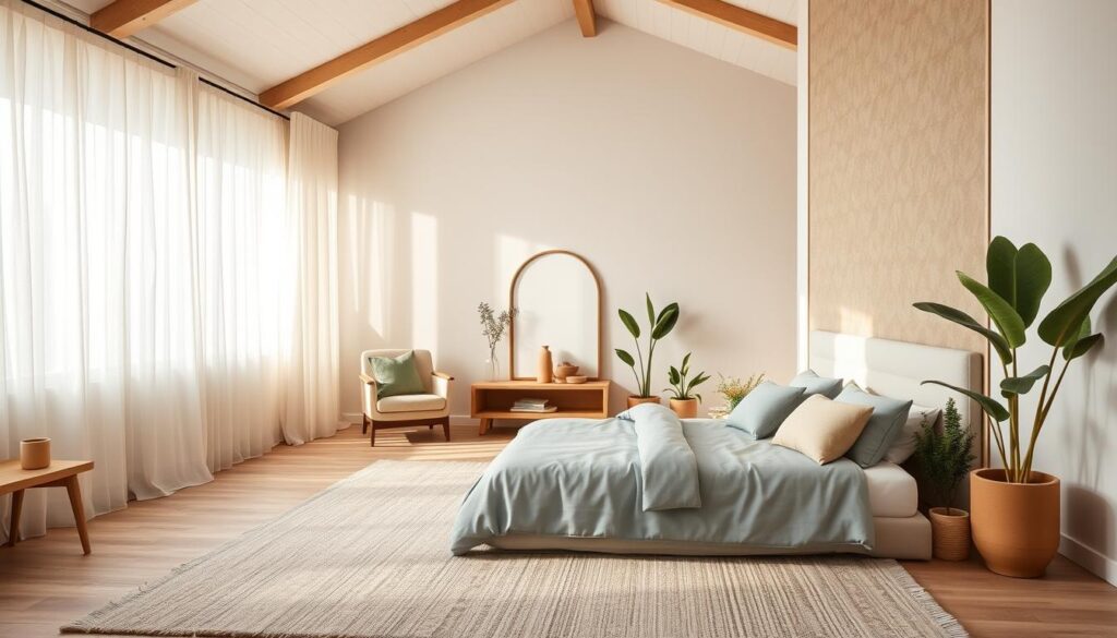 A serene bedroom interior with five distinct color palettes showcasing the ultimate in relaxation. The foreground features a tranquil, minimalist bed frame and bedding in calming tones of soft gray, muted blue, and earthy beige. The middle ground highlights accent pieces like a plush armchair, a wooden side table, and potted plants in shades of sage green and terracotta. The background displays a neutral-toned accent wall, warm natural lighting filtering through sheer curtains, and a vaulted ceiling adding to the sense of spaciousness and serenity. The overall atmosphere evokes a soothing, spa-like ambiance, perfect for achieving ultimate relaxation.