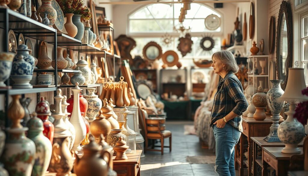 A well-lit thrift store interior, sunlight streaming through large windows. Shelves and tables display an eclectic array of vintage home decor items - ornate vases, colorful ceramics, decorative mirrors, and repurposed furniture pieces. A stylish middle-aged woman in casual attire browses the aisles, examining items thoughtfully. Subtle warm tones and natural textures throughout, creating a cozy, inviting atmosphere. Shallow depth of field, with the foreground items in focus and the background softly blurred. Captured with a high-quality DSLR camera lens, producing a visually striking, high-resolution image.