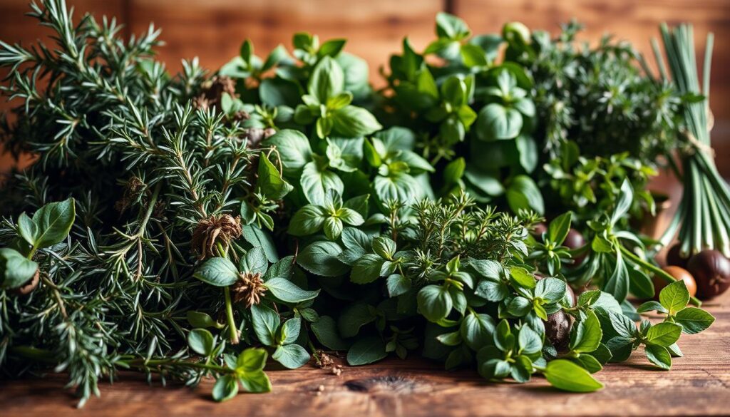 A bountiful display of fresh kitchen herbs, arranged on a rustic wooden surface. In the foreground, a vibrant mix of rosemary, thyme, basil, and oregano, their lush, fragrant leaves casting delicate shadows. In the middle ground, a few sprigs of fragrant sage and a bundle of fragrant chives, their slender stems adding visual interest. The background features a backdrop of earthy tones, with hints of natural light filtering in, creating a warm, inviting atmosphere. The scene is captured with a shallow depth of field, emphasizing the textures and colors of the herbs, inviting the viewer to imagine their culinary potential.