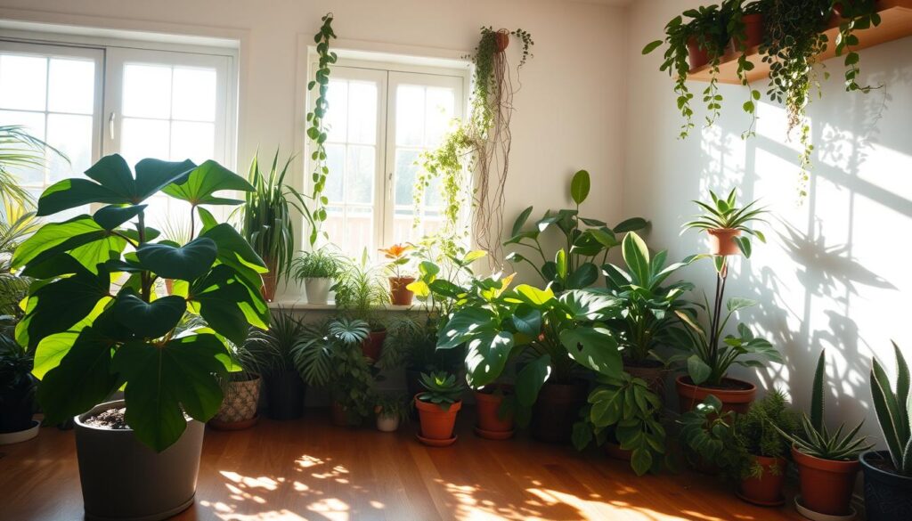 A sun-dappled indoor scene, showcasing a lush, verdant assortment of houseplants bathed in warm, natural light. In the foreground, a potted fiddle-leaf fig casts intricate shadows on the hardwood floor, its broad leaves gently swaying. In the middle ground, a collection of trailing vines and vibrant succulents bask in the soft, diffused illumination filtering through large, picture windows. The background is filled with a mix of potted plants, their foliage casting a tapestry of shapes and textures across the walls. The lighting is soft, directional, and evenly distributed, creating a tranquil, serene atmosphere that celebrates the beauty of indoor plants thriving in natural sunlight.