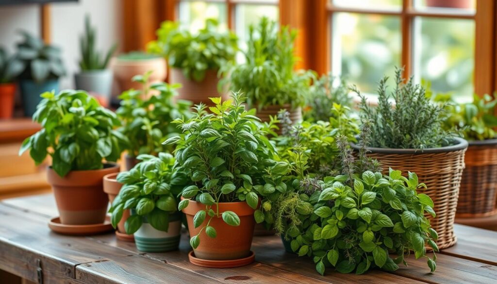 A vibrant, well-lit herb garden display featuring a variety of potted plants arranged on a rustic wooden table. The foreground showcases lush, verdant herbs like basil, rosemary, and thyme in a mix of terracotta, ceramic, and wicker containers. The middle ground includes additional pots and planters, each brimming with aromatic, healthy-looking foliage. The background depicts a warm, natural setting, perhaps a sunny kitchen window or a cozy patio, providing a harmonious backdrop for the curated herb garden arrangement. The lighting is soft and diffused, highlighting the vibrant colors and textures of the plants. The overall composition conveys a sense of tranquility, practicality, and the joy of cultivating a thriving, accessible kitchen herb garden.