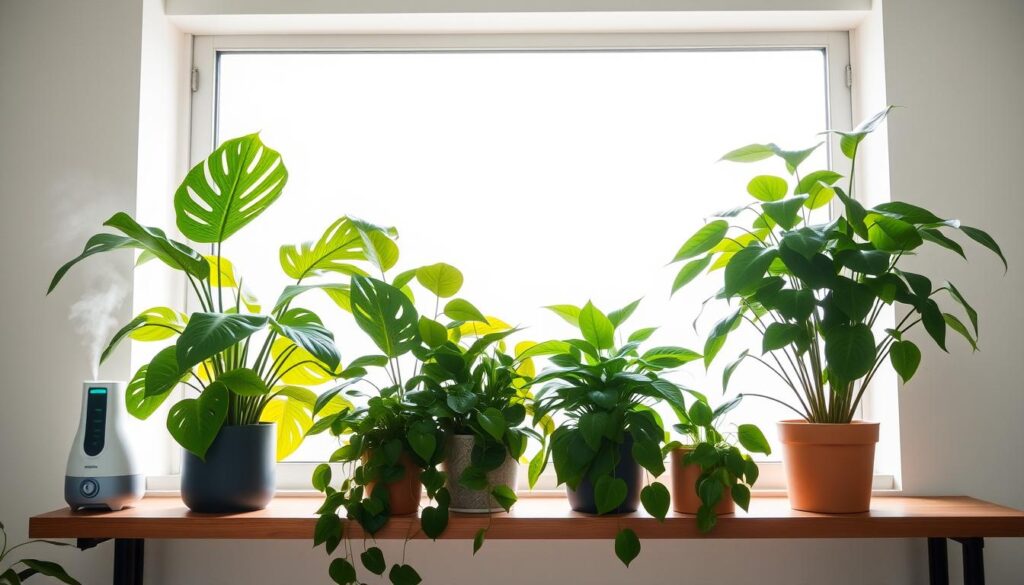 A well-lit, airy indoor scene showcasing the essentials of houseplant care. In the foreground, a selection of healthy houseplants including a lush, verdant Monstera, a thriving Philodendron, and a vibrant, bushy Pothos, all displayed on a sleek, minimalist wooden shelf. The middle ground features a humidifier gently emitting a fine mist, and a thermometer/hygrometer unit monitoring the optimal temperature and humidity levels. The background depicts a large window with soft, diffused natural lighting filtering in, casting a warm, ambient glow throughout the space. The overall atmosphere conveys a sense of tranquility and nurturing, perfectly suited to demonstrate the "Temperature and Humidity Essentials" of successful houseplant care.